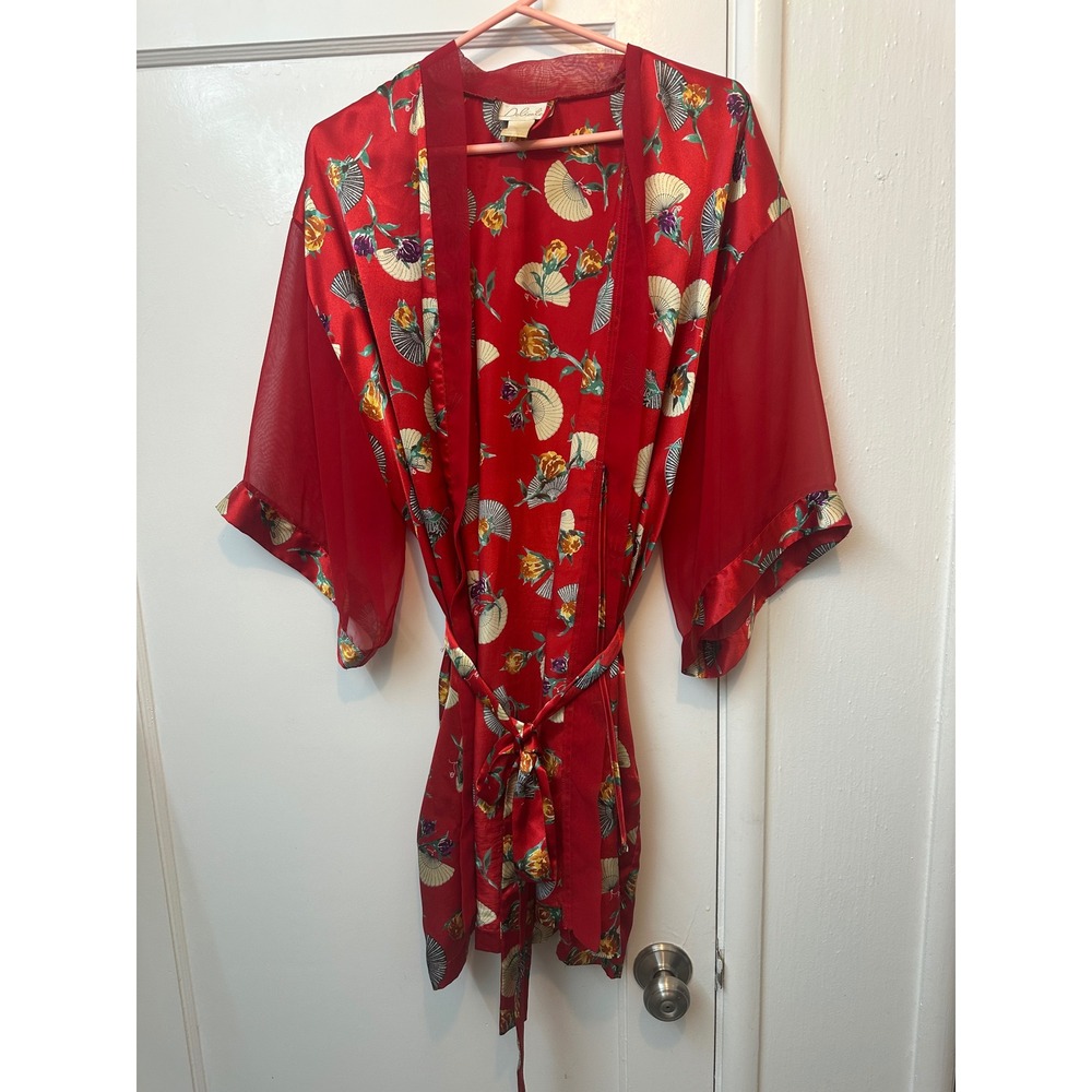 Delicates Red Satin Kimono Robe Asian Fan Floral Print Sheer Mesh Sleeve Short